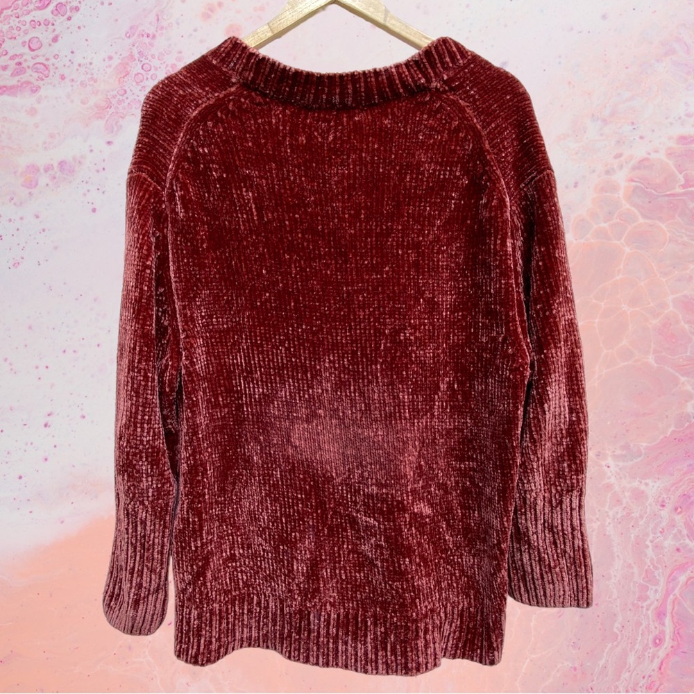 Zara Knit Chenille V-Neck Long Sleeve Oversize Sweater Maroon Red Small (XL Fit) - Picture 2 of 7